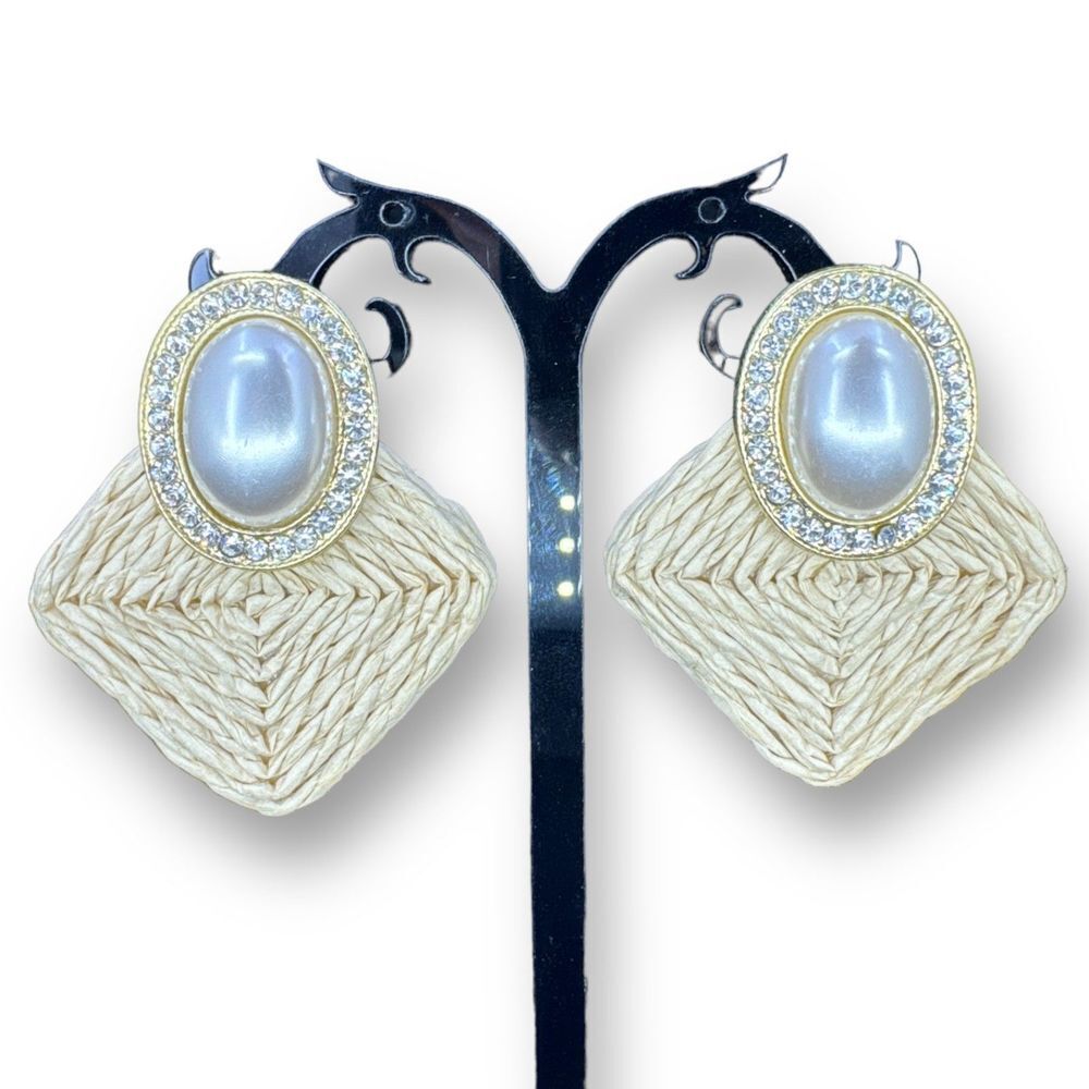 Pearl Straw Weave Earrings Accented with Rhinestones Cabochon Faux Pearl